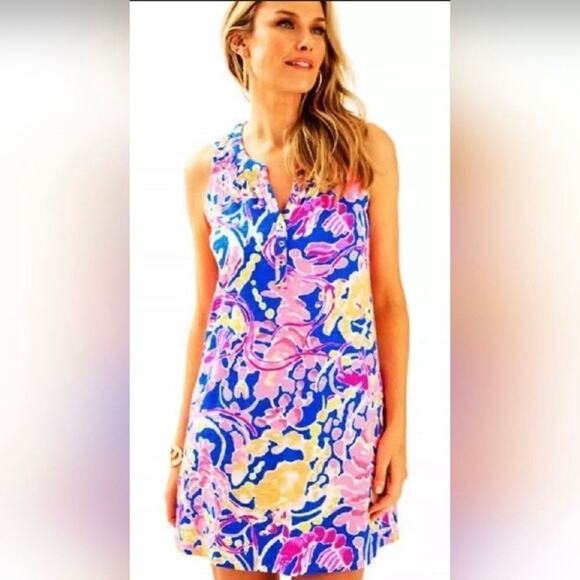 Lilly Pulitzer Blue&Pink Lobster Shrimp Essie Shift Mini Dress Sz.S - Picture 1 of 13